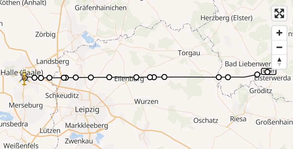 Flugroute Rettungshubschrauber Elsterwerda - BG Hospital Bergmannstrost Halle, 11 Juni 2026, 12:23