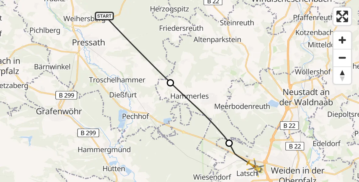 Flugroute Rettungshubschrauber Pressath - Weiden in der Oberpfalz Flugplatz, 11 Juni 2026, 12:29