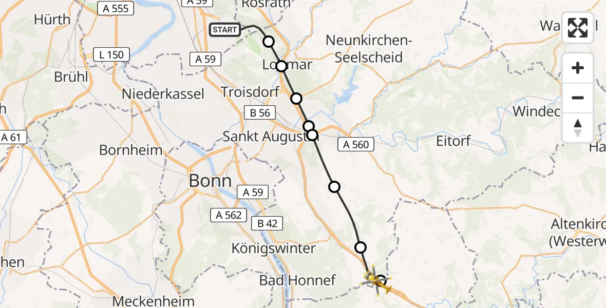 Flugroute Rettungshubschrauber Köln Bonn Flughafen - Windhagen, 11 Juni 2026, 12:37