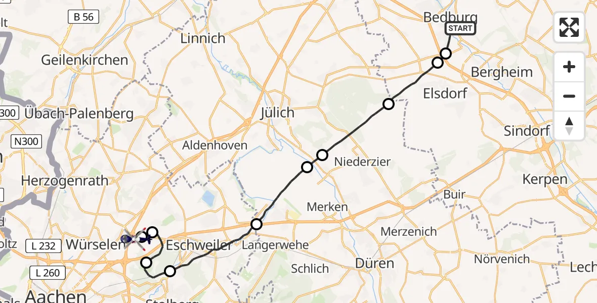 Flugroute Polizeihubschrauber Bedburg - Aachen-Merzbrück Flughafen, 11 Juni 2026, 12:44