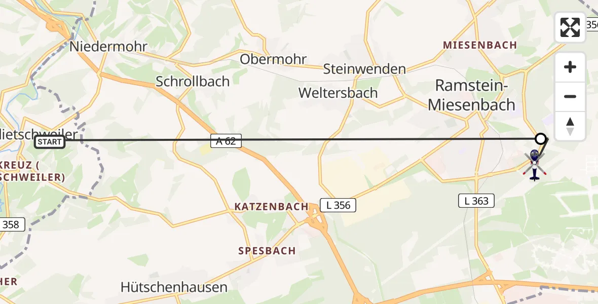Flugroute Polizeihubschrauber Nanzdietschweiler - Ramstein-Miesenbach, 11 Juni 2026, 12:53