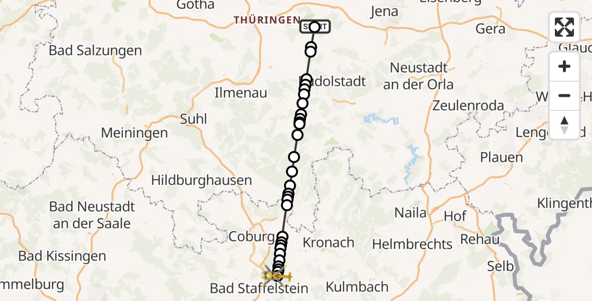 Flugroute Ambulanzhubschrauber DRF Rettungsstation Bad Berka Hubschrauberlandeplatz - Regiomed Hospital Lichtenfels, 11 Juni 2026, 12:57
