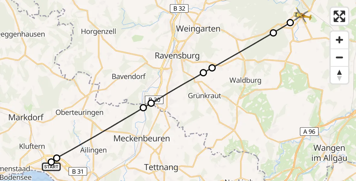 Flugroute Rettungshubschrauber Friedrichshafen Hospital - Wolfegg, 11 Juni 2026, 12:58