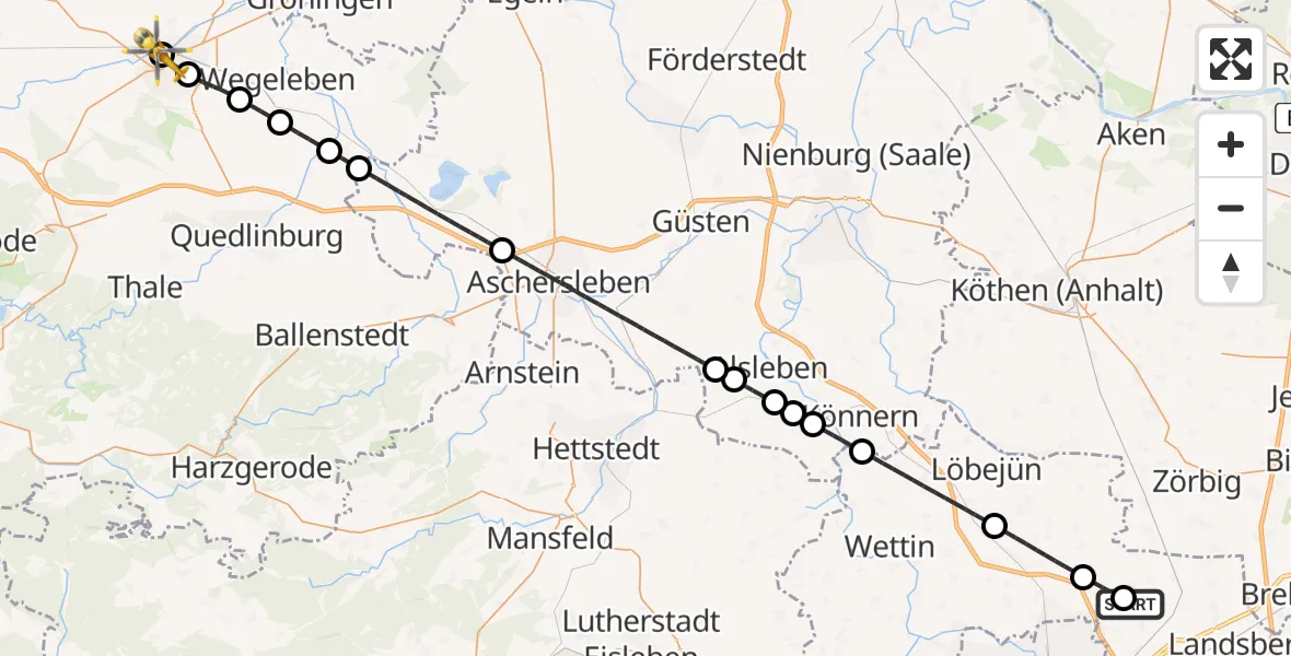 Flugroute Rettungshubschrauber Halle-Oppin Flugplatz - AMEOS Hospital Sankt Salvator Halberstadt, 11 Juni 2026, 13:00