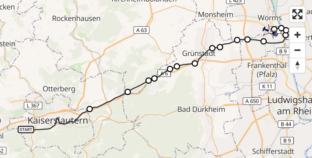 Flugroute Polizeihubschrauber Kaiserslautern - Worms Flugplatz, 11 Juni 2026, 13:02