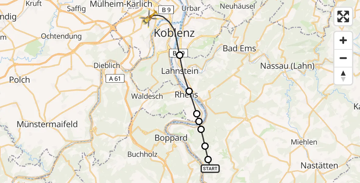 Flugroute Rettungshubschrauber Kestert - Koblenz, 11 Juni 2026, 13:03