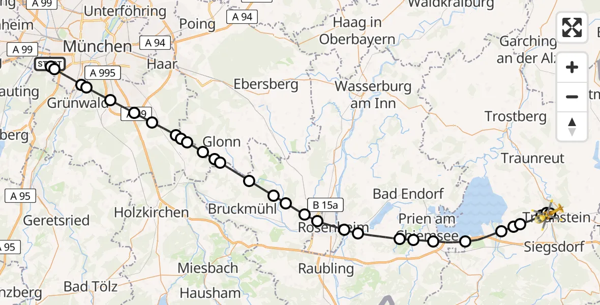 Flugroute Rettungshubschrauber DRF Air Rescue München Hubschrauberlandeplatz - Traunstein Hospital, 11 Juni 2026, 13:05