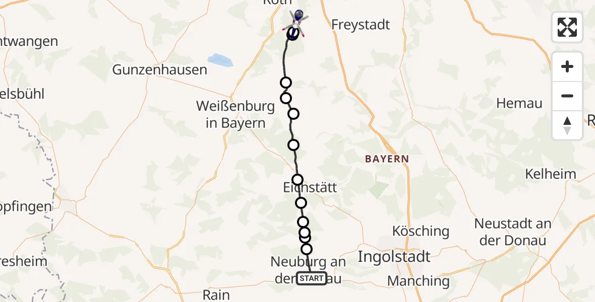 Flugroute Polizeihubschrauber Neuburg a.d.Donau - Roth, 11 Juni 2026, 13:17