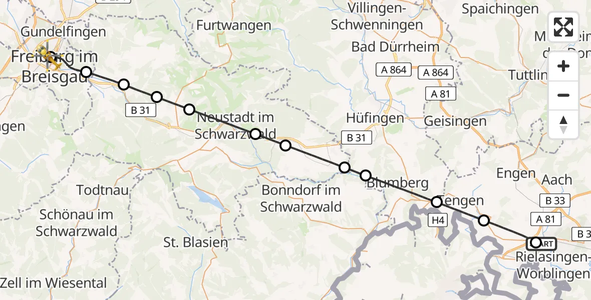 Flugroute Ambulanzhubschrauber Singen (Hohentwiel) - Freiburg University Hospital Heliport 1, 11 Juni 2026, 13:24