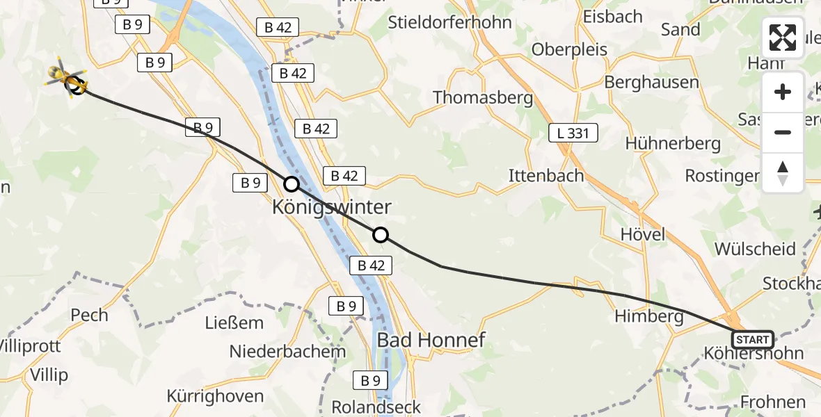 Flugroute Rettungshubschrauber Bad Honnef - Bonn University Hospital, 11 Juni 2026, 13:24