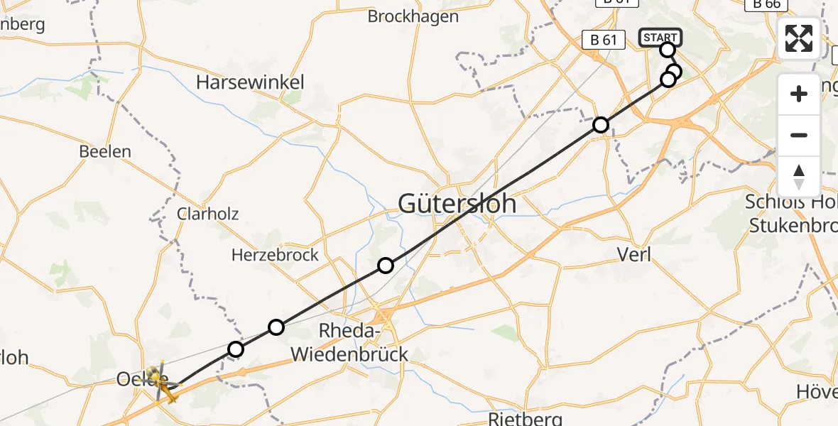 Flugroute Rettungshubschrauber Luftrettungszentrum Bielefeld - Oelde, 11 Juni 2026, 13:25