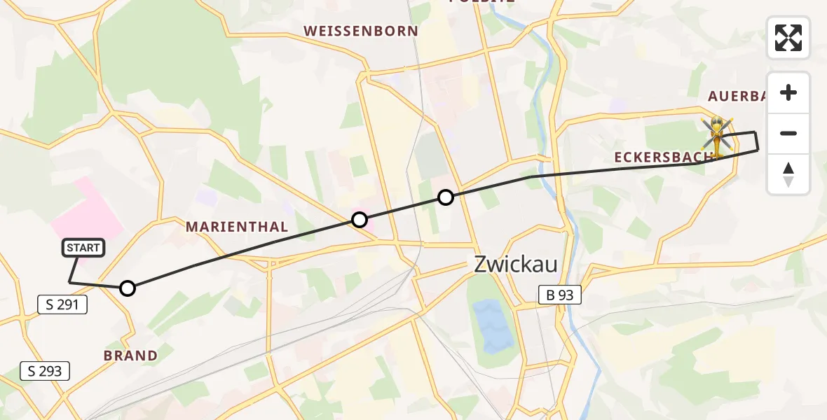 Flugroute Rettungshubschrauber ADAC Air Rescue Station Zwickau Hubschrauberlandeplatz - Zwickau, 11 Juni 2026, 13:30
