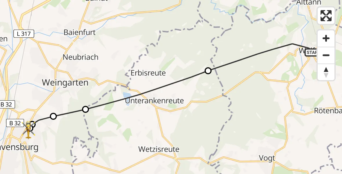 Flugroute Rettungshubschrauber Wolfegg - Sankt Elisabeth Hospital, 11 Juni 2026, 13:32