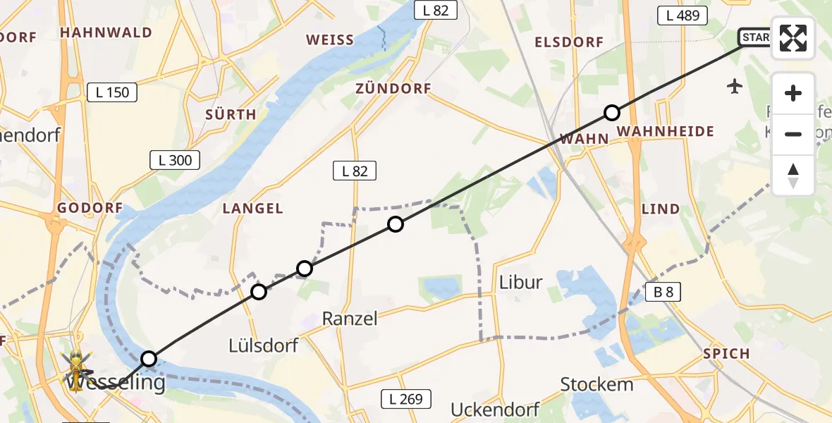 Flugroute Rettungshubschrauber Köln Bonn Flughafen - Wesseling, 11 Juni 2026, 13:37