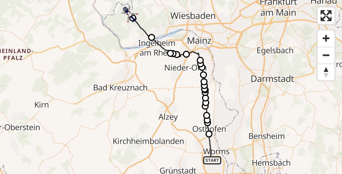 Flugroute Polizeihubschrauber Worms - Geisenheim, 11 Juni 2026, 13:42