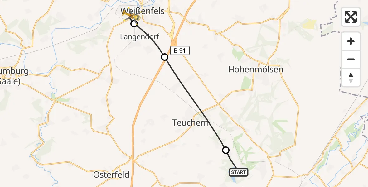 Flugroute Rettungshubschrauber Zeitz - Asklepios Clinic Weißenfels Hubschrauberlandeplatz, 11 Juni 2026, 13:43