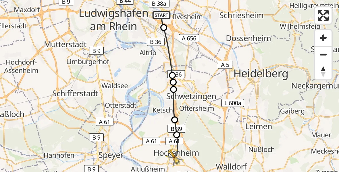 Flugroute Rettungshubschrauber Mannheim-City Flughafen - Hockenheim, 11 Juni 2026, 13:47