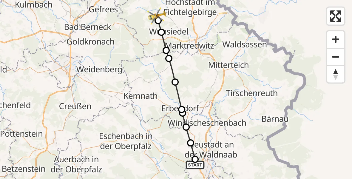 Flugroute Rettungshubschrauber Weiden i.d.OPf. - Röslau, 11 Juni 2026, 13:53