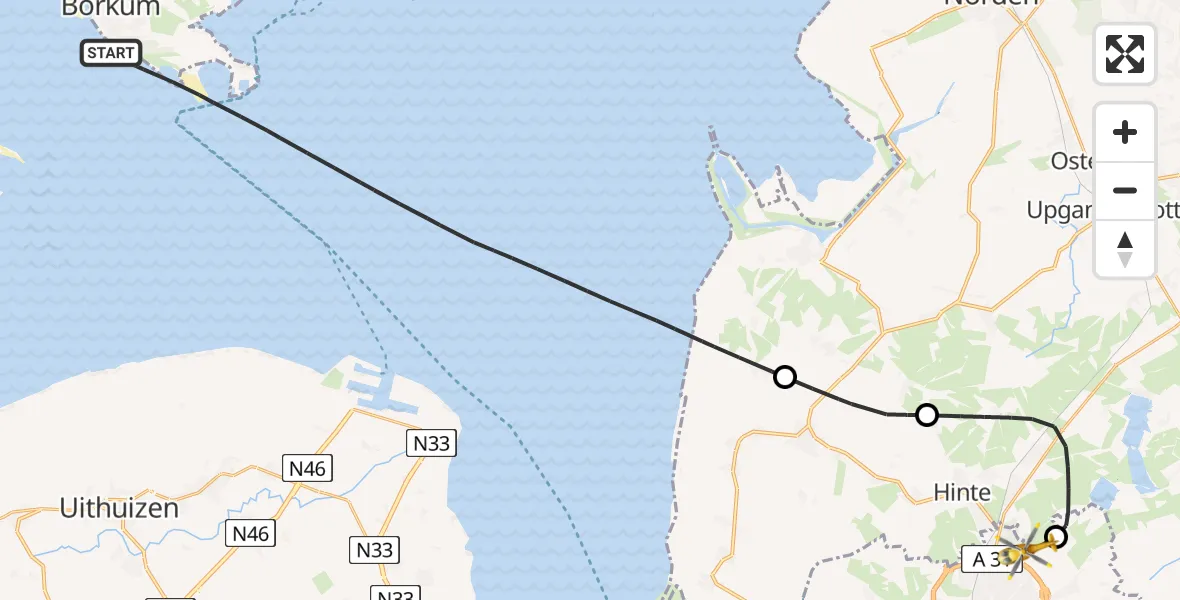 Flugroute Ambulanzhubschrauber Noordzee - Emden Flughafen, 11 Juni 2026, 13:53