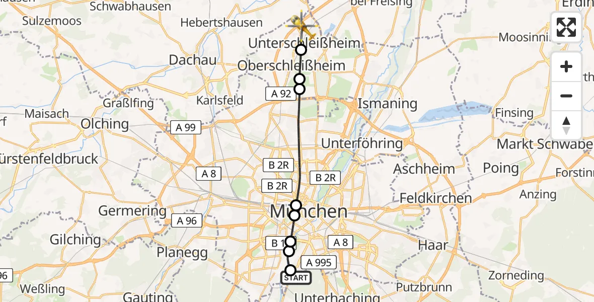 Flugroute Rettungshubschrauber ADAC Air Rescue Center Hubschrauberlandeplatz (Christoph 1) - Unterschleißheim, 11 Juni 2026, 14:02