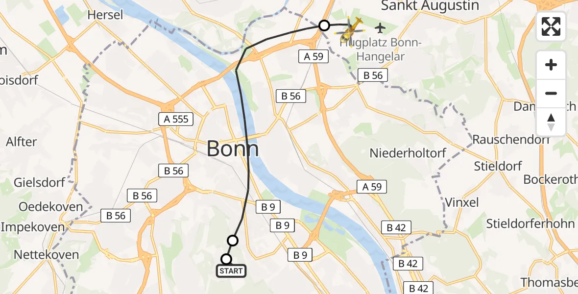Flugroute Rettungshubschrauber Bonn University Hospital - Sankt Augustin, 11 Juni 2026, 14:05