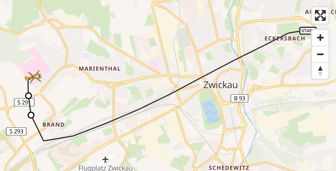 Flugroute Rettungshubschrauber Zwickau - ADAC Air Rescue Station Zwickau Hubschrauberlandeplatz, 11 Juni 2026, 14:10
