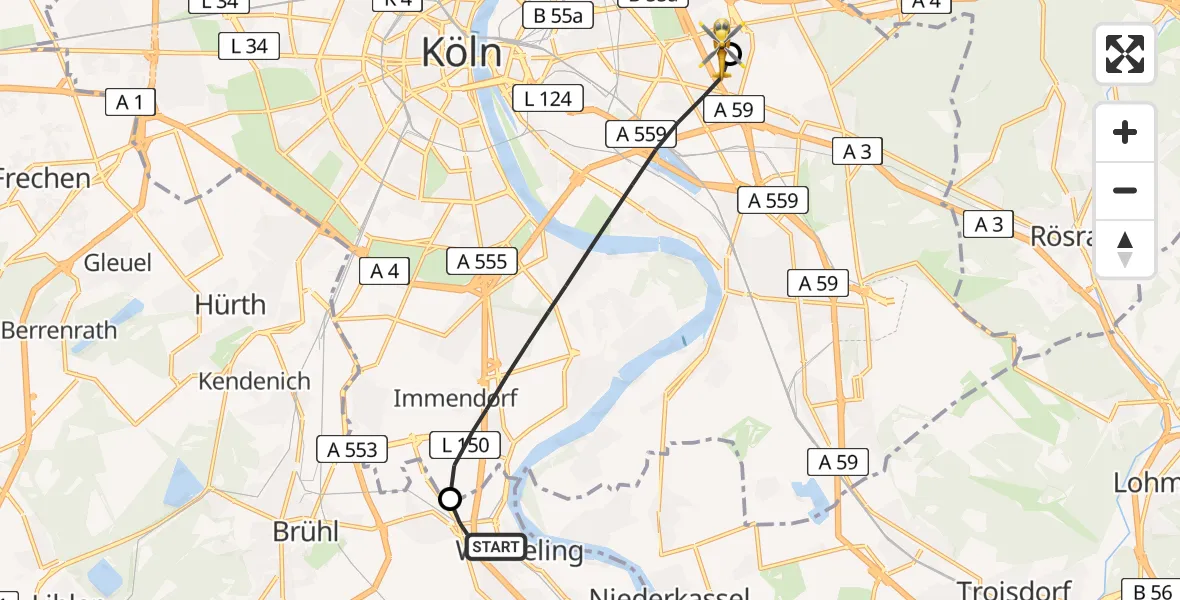 Flugroute Rettungshubschrauber Wesseling - Merheim Hospital, 11 Juni 2026, 14:17
