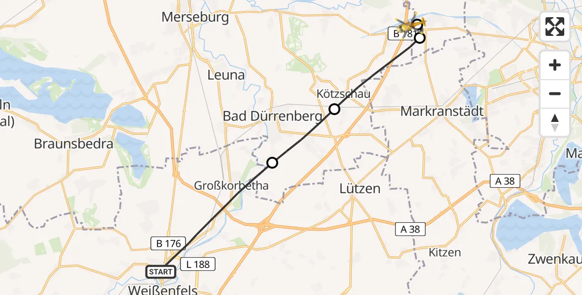 Flugroute Rettungshubschrauber Weißenfels - ADAC Air Rescue Station Leipzig/Schkeuditz-Dölzig Hubschrauberlandeplatz (Christoph 61), 11 Juni 2026, 14:20