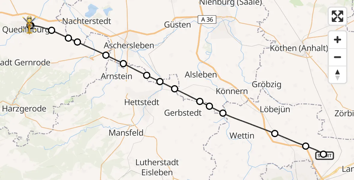 Flugroute Rettungshubschrauber Halle-Oppin Flugplatz - Harz Hospital Quedlinburg, 11 Juni 2026, 14:20
