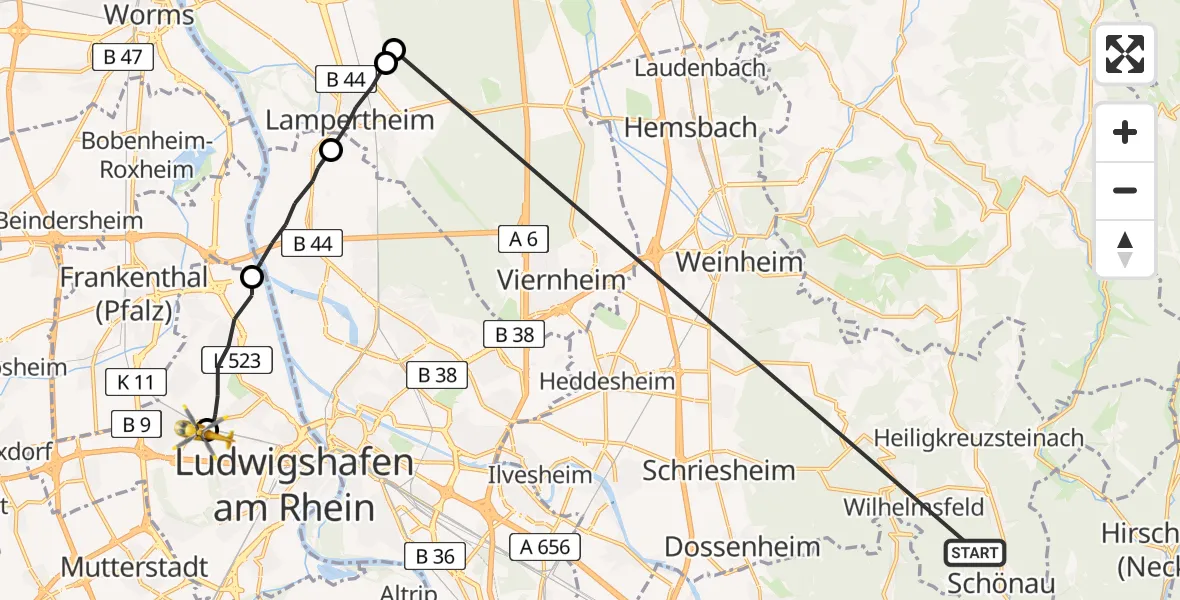 Flugroute Rettungshubschrauber Schönau - Ludwigshafen Accident Hospital, 11 Juni 2026, 14:30