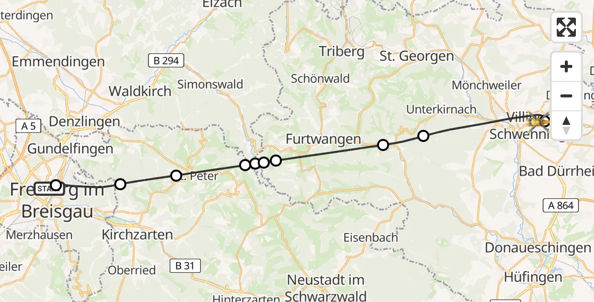 Flugroute Ambulanzhubschrauber Freiburg University Hospital Heliport 1 - DRF Air Rescue Station Villingen-Schwenningen Hubschrauberlandeplatz (Christoph 11), 11 Juni 2026, 14:32