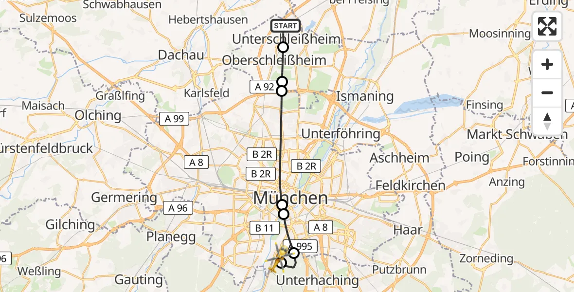Flugroute Rettungshubschrauber Unterschleißheim - ADAC Air Rescue Center Hubschrauberlandeplatz (Christoph 1), 11 Juni 2026, 14:39