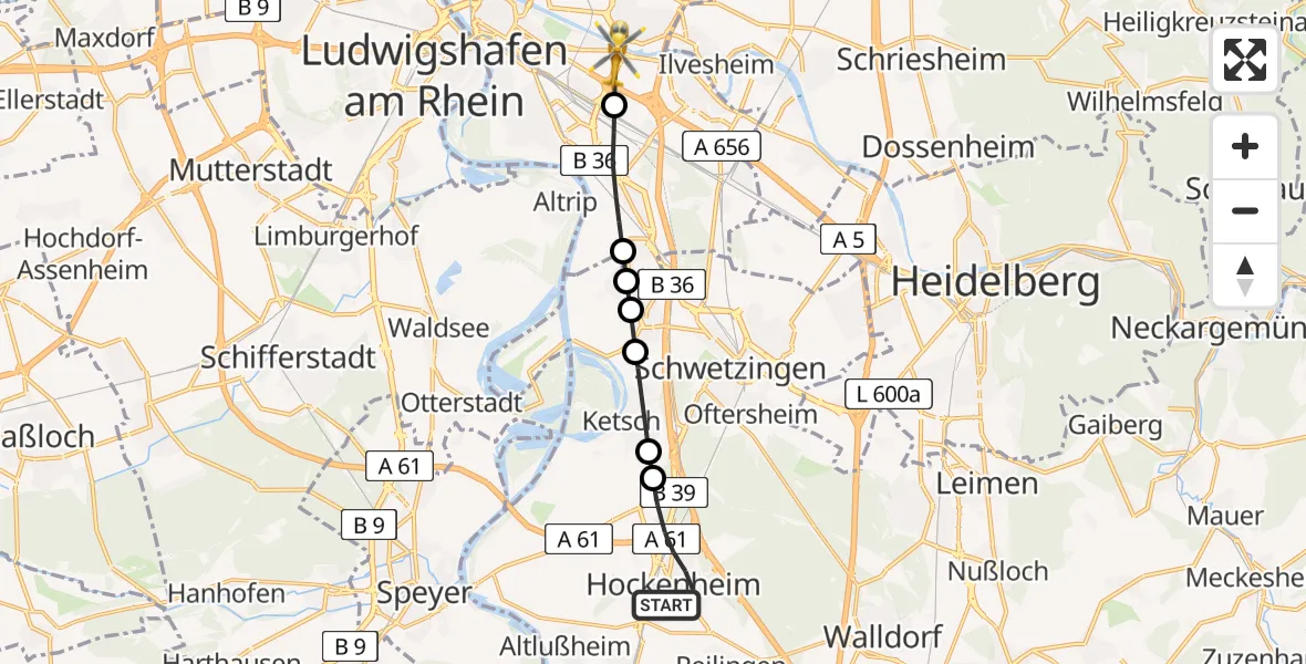 Flugroute Rettungshubschrauber Hockenheim - Mannheim-City Flughafen, 11 Juni 2026, 14:47