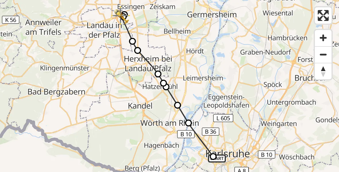 Flugroute Ambulanzhubschrauber Sankt Vincentius Hospital - Landau in der Pfalz, 11 Juni 2026, 14:49