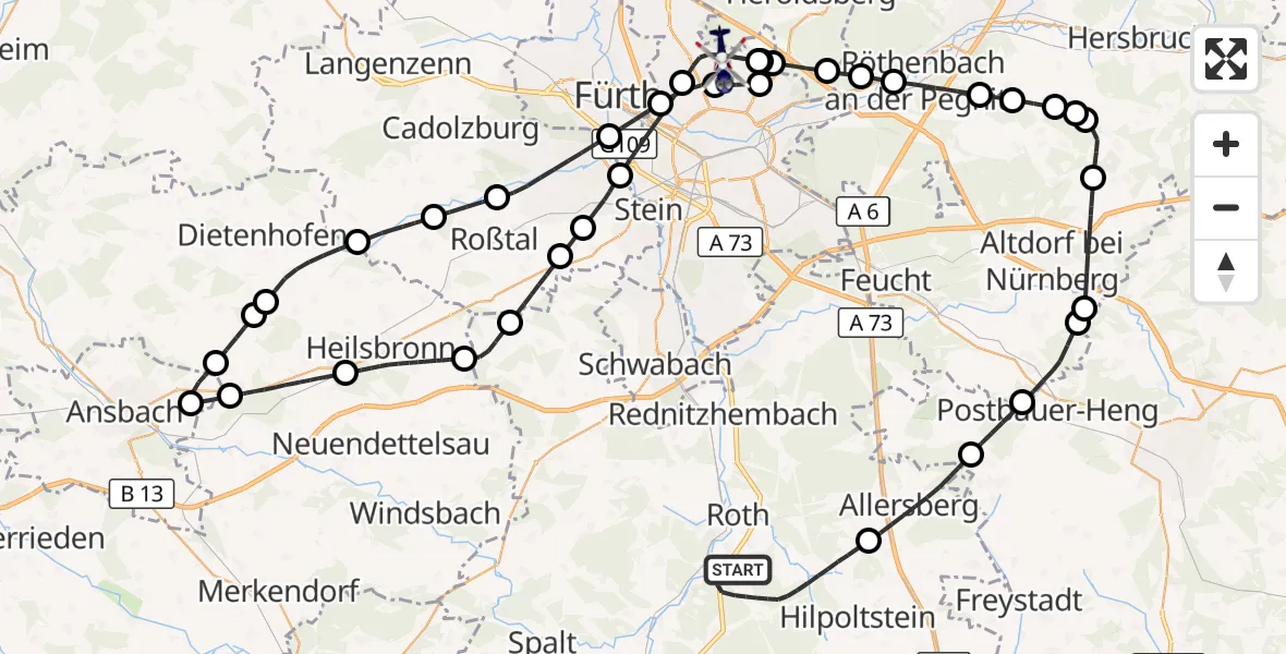 Flugroute Polizeihubschrauber Roth - Flughafen Nuremberg, 11 Juni 2026, 15:00