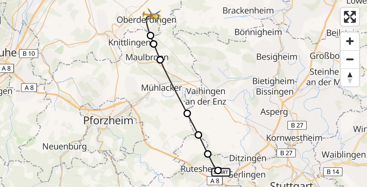 Flugroute Rettungshubschrauber Leonberg Hospital - Oberderdingen, 11 Juni 2026, 15:04