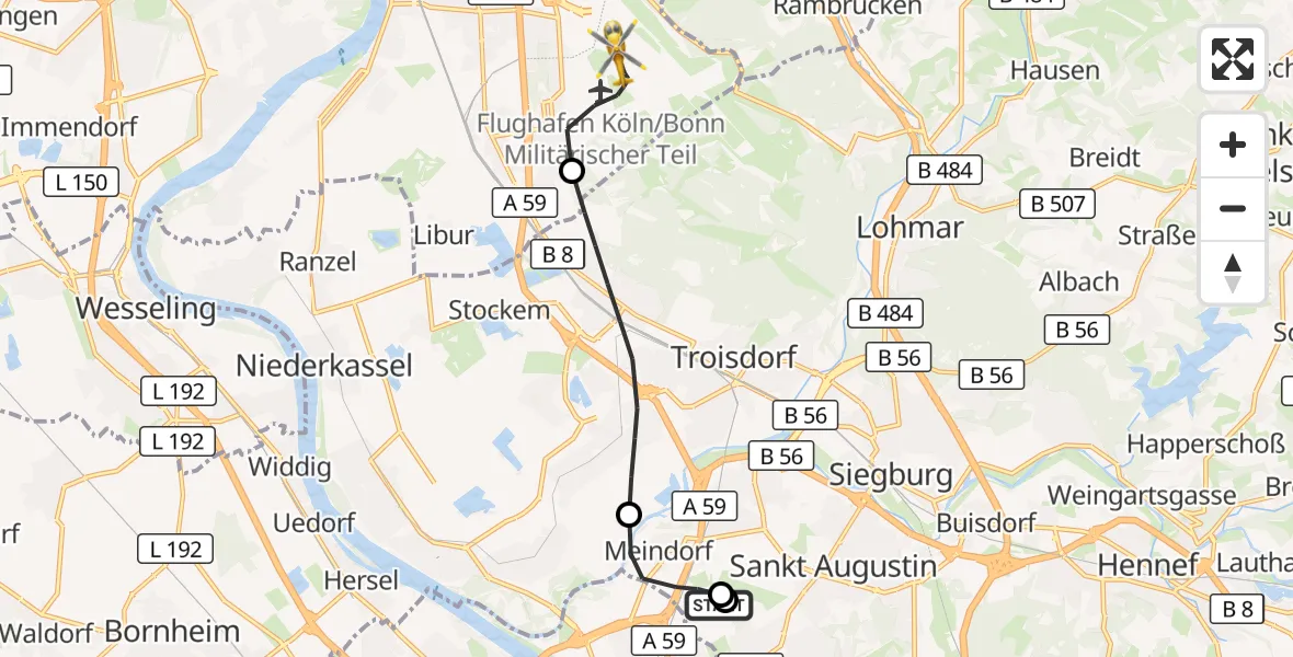 Flugroute Rettungshubschrauber Sankt Augustin - Köln Bonn Flughafen, 11 Juni 2026, 15:07