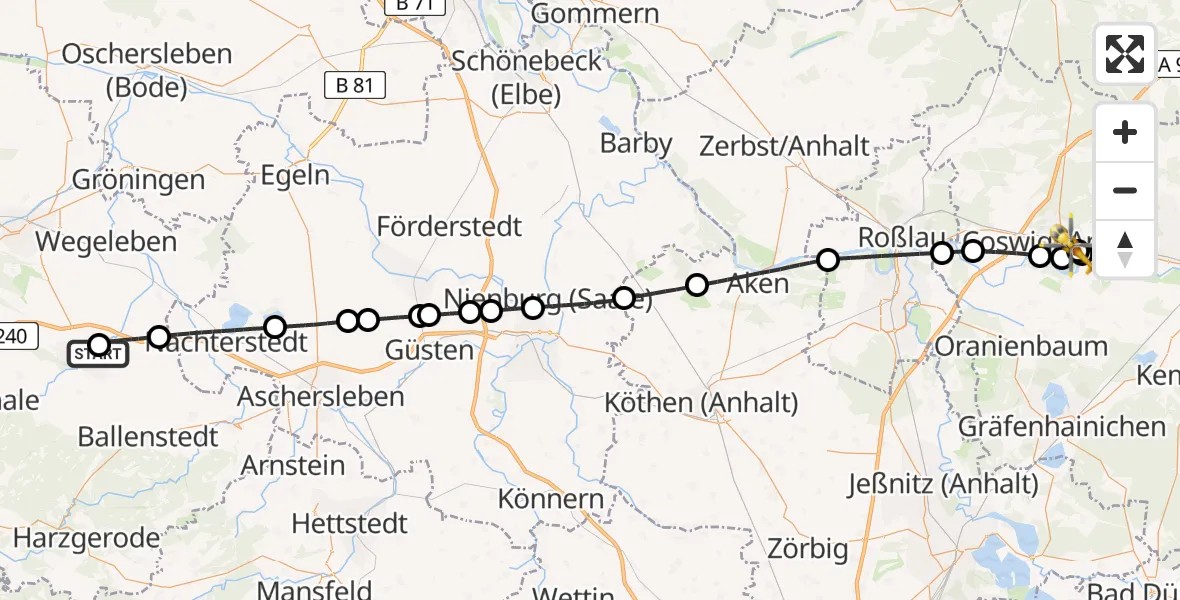 Flugroute Rettungshubschrauber Harz Hospital Quedlinburg - MediClin Heart Center Coswig Hubschrauberlandeplatz, 11 Juni 2026, 15:12