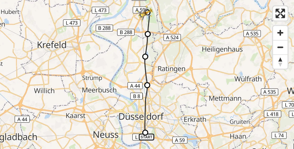 Flugroute Rettungshubschrauber Düsseldorf University Hospital - Duisburg Air Rescue Hubschrauberlandeplatz (Christoph 9), 11 Juni 2026, 15:18