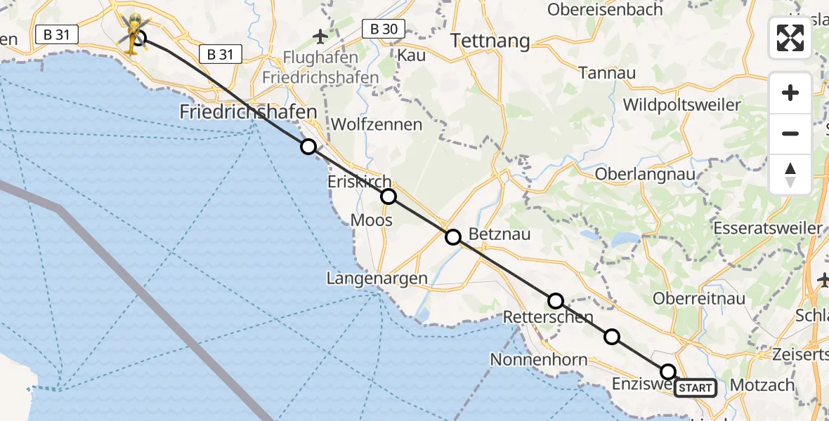 Flugroute Rettungshubschrauber Lindau (Bodensee) - Friedrichshafen Hospital, 11 Juni 2026, 15:19