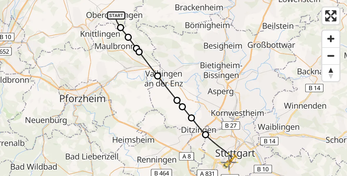 Flugroute Rettungshubschrauber Oberderdingen - Stuttgart, 11 Juni 2026, 15:27