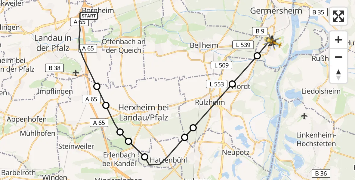 Flugroute Ambulanzhubschrauber Landau in der Pfalz - Germersheim, 11 Juni 2026, 15:28