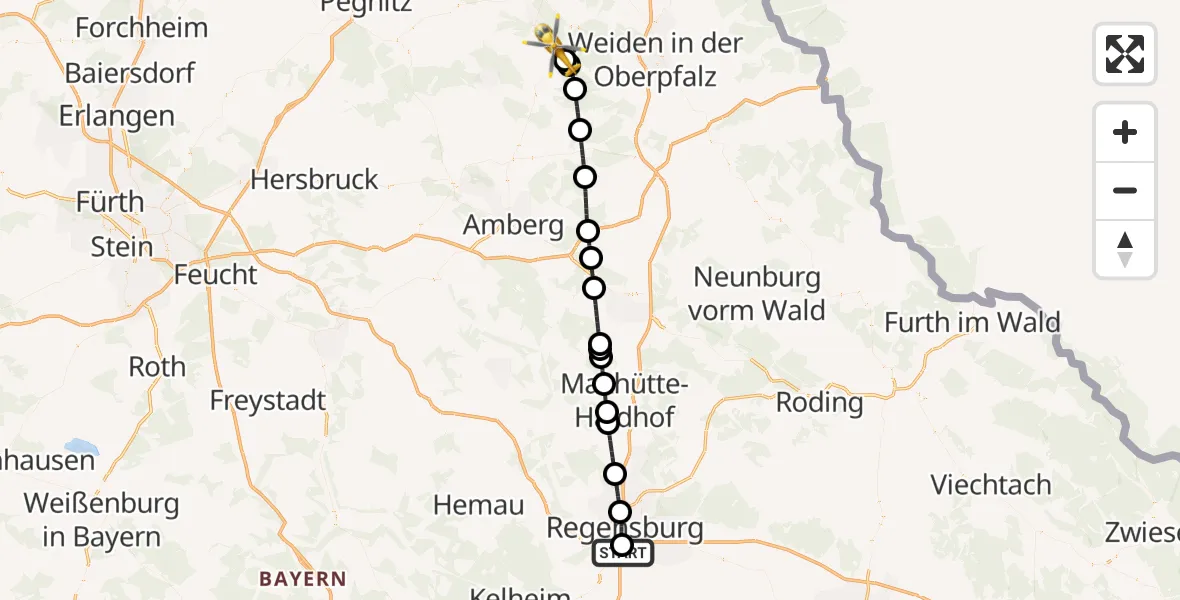 Flugroute Ambulanzhubschrauber DRF Air Rescue Station Regensburg / Regensburg University Hospital - Militärflugplatz Grafenwöhr, 11 Juni 2026, 15:41