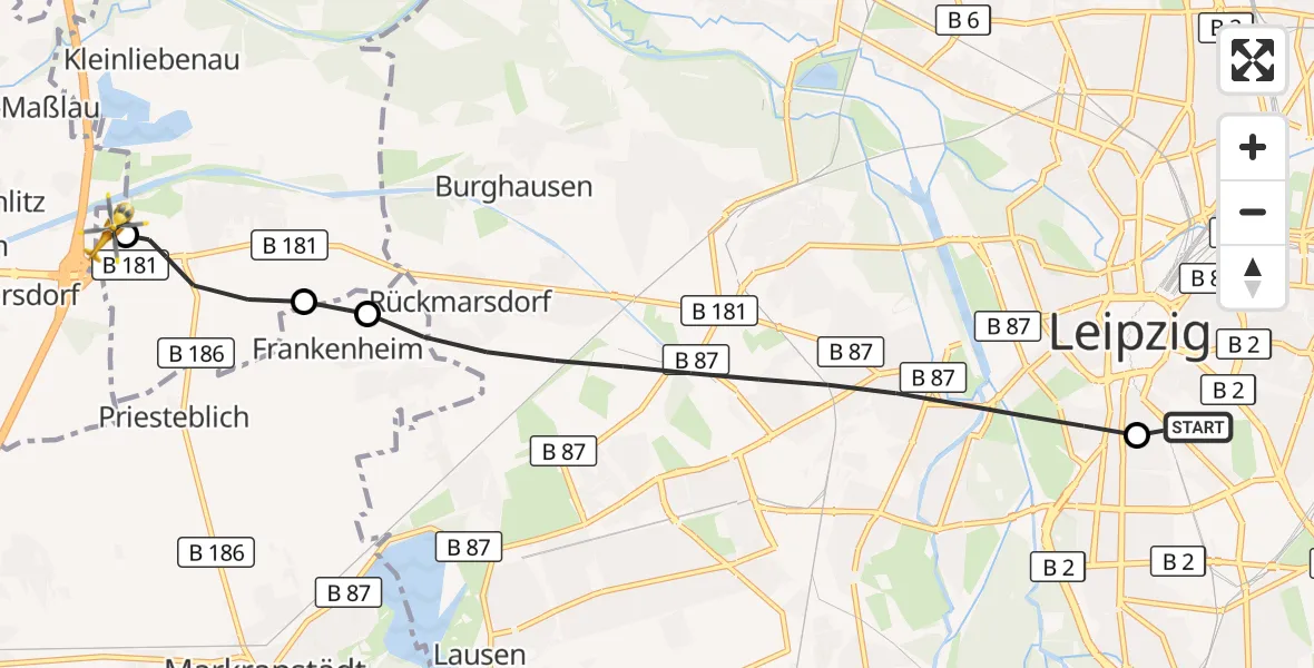 Flugroute Rettungshubschrauber Leipzig University Hospital Heliport 1 - ADAC Air Rescue Station Leipzig/Schkeuditz-Dölzig Hubschrauberlandeplatz (Christoph 61), 11 Juni 2026, 15:44