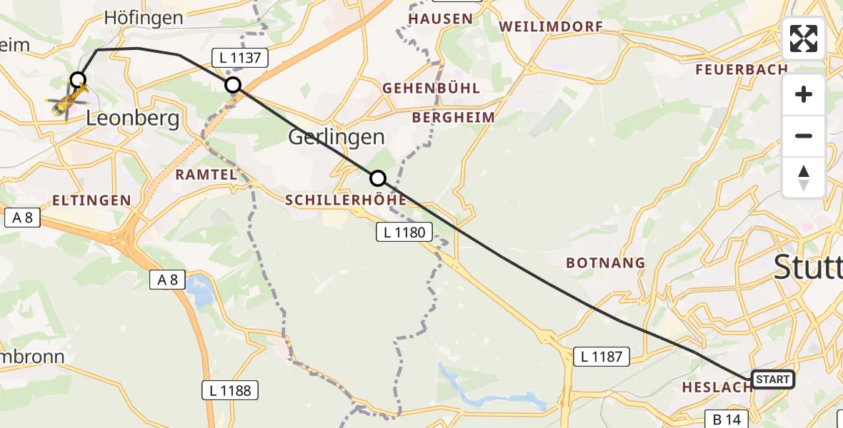 Flugroute Rettungshubschrauber Stuttgart - Leonberg Hospital, 11 Juni 2026, 15:47