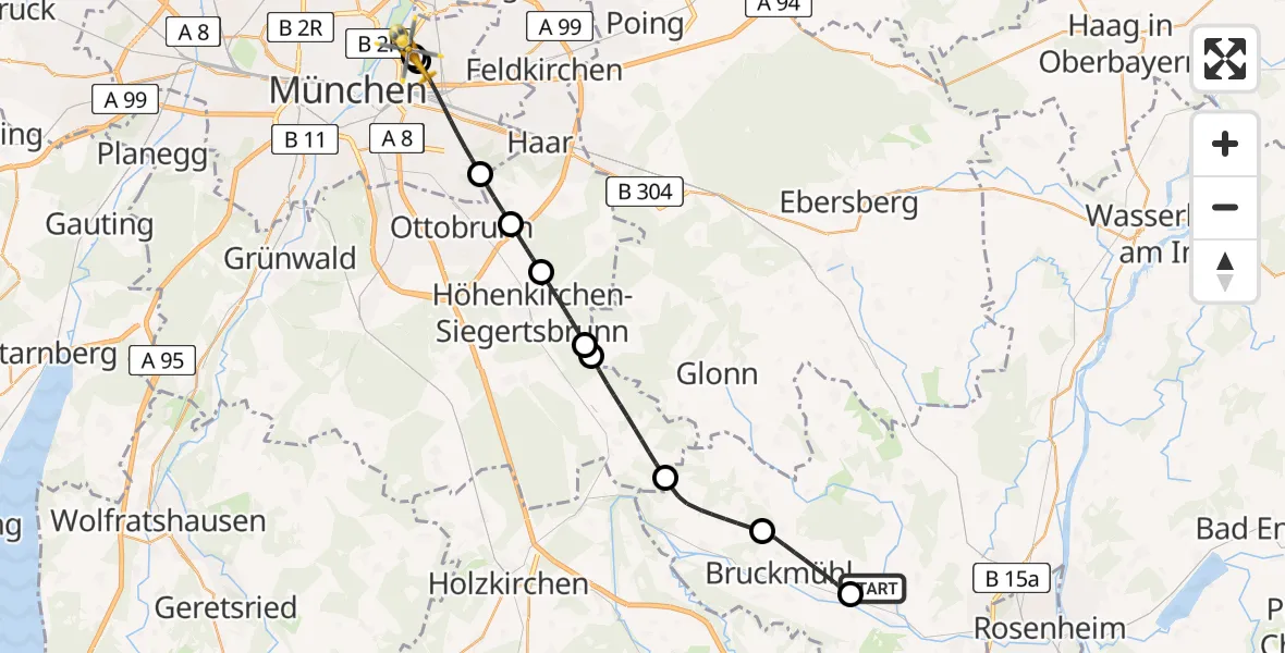 Flugroute Rettungshubschrauber Bad Aibling - München Bogenhausen Hospital, 11 Juni 2026, 15:50