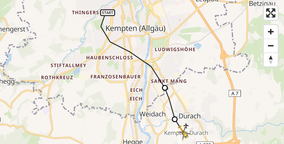 Flugroute Rettungshubschrauber Kempten (Allgäu) - Kempten-Durach Flugplatz, 11 Juni 2026, 15:57