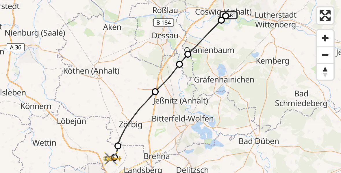 Flugroute Rettungshubschrauber MediClin Heart Center Coswig Hubschrauberlandeplatz - Halle-Oppin Flugplatz, 11 Juni 2026, 16:02