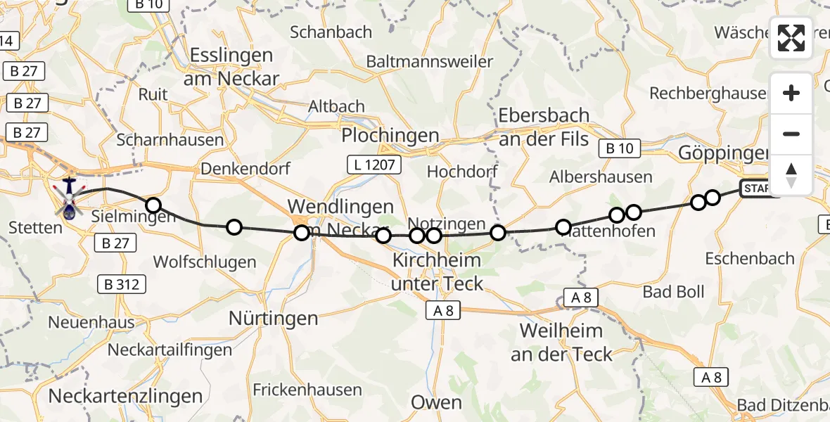 Flugroute Polizeihubschrauber Göppingen - Flughafen Stuttgart, 11 Juni 2026, 16:08