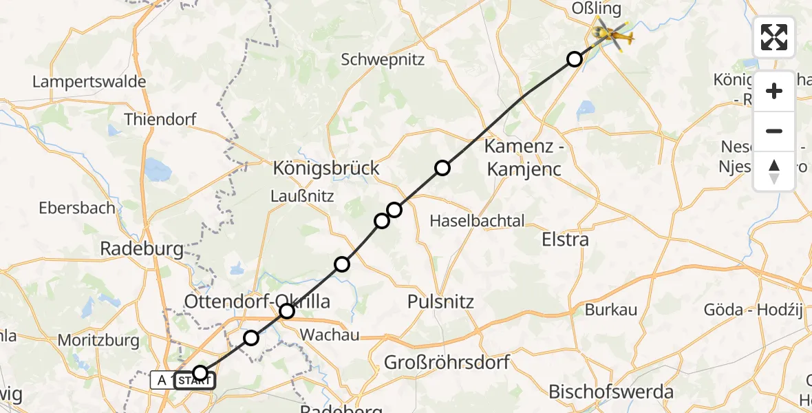 Flugroute Rettungshubschrauber Dresden Bundespolizei Hubschrauberlandeplatz - Oßling, 11 Juni 2026, 16:10